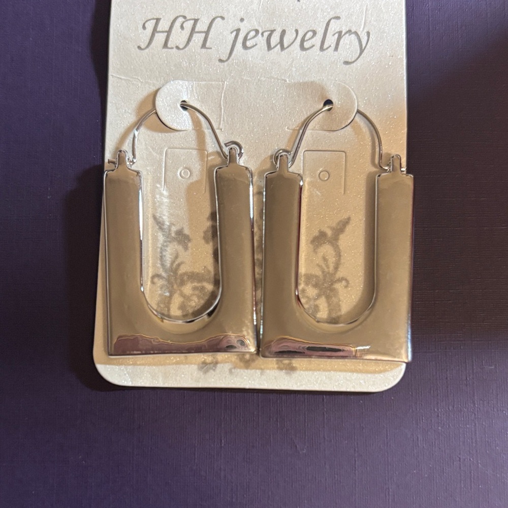 HH Jewelry Silver Tone Industrial U-Shape Hoop Earrings - NWT